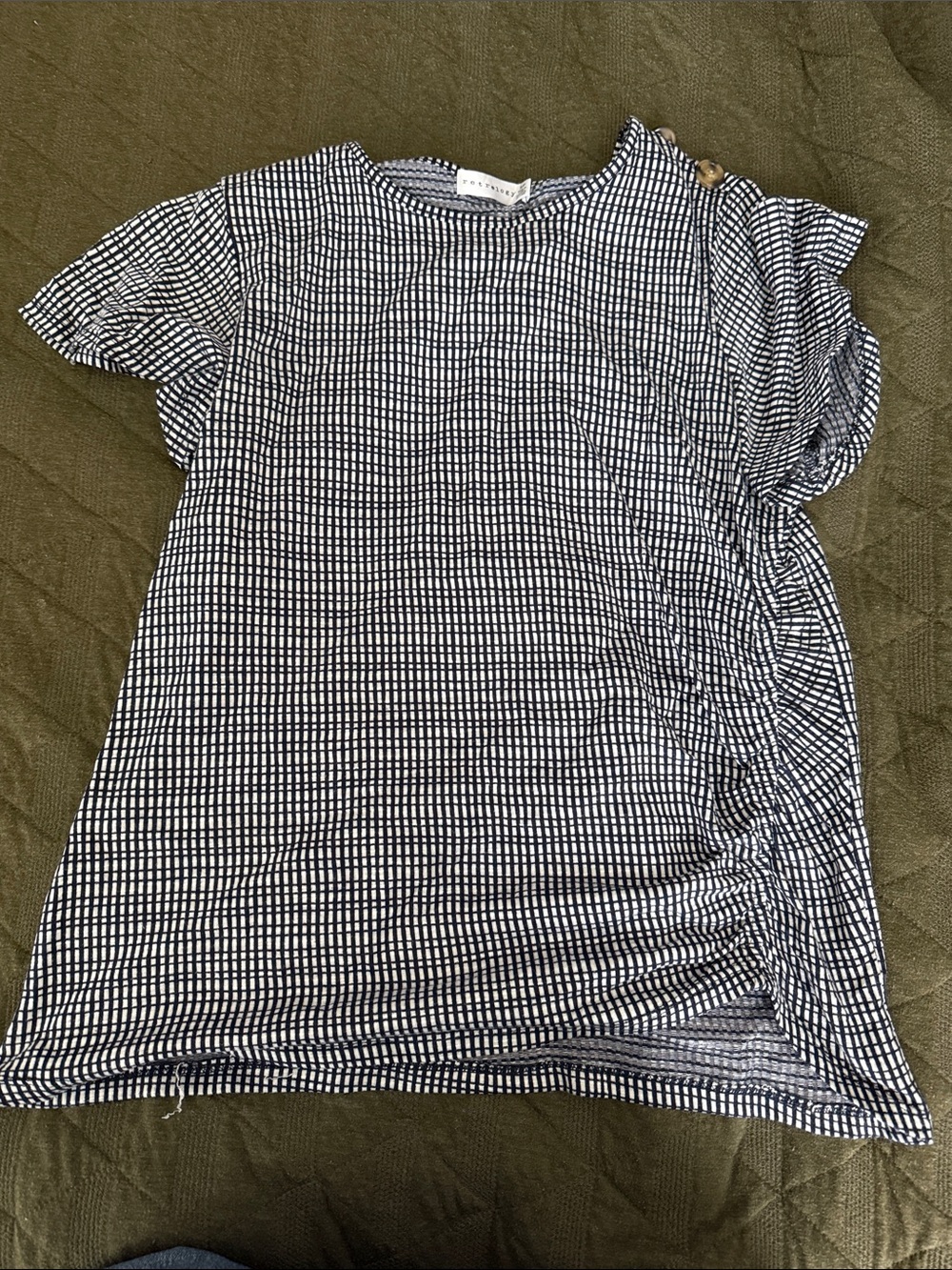 Button-Shoulder Black & White Grid Short Sleeve Tee - Casual Comfort